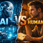 Digital artist mediating the AI vs Humans Battle in a modern studio setting.