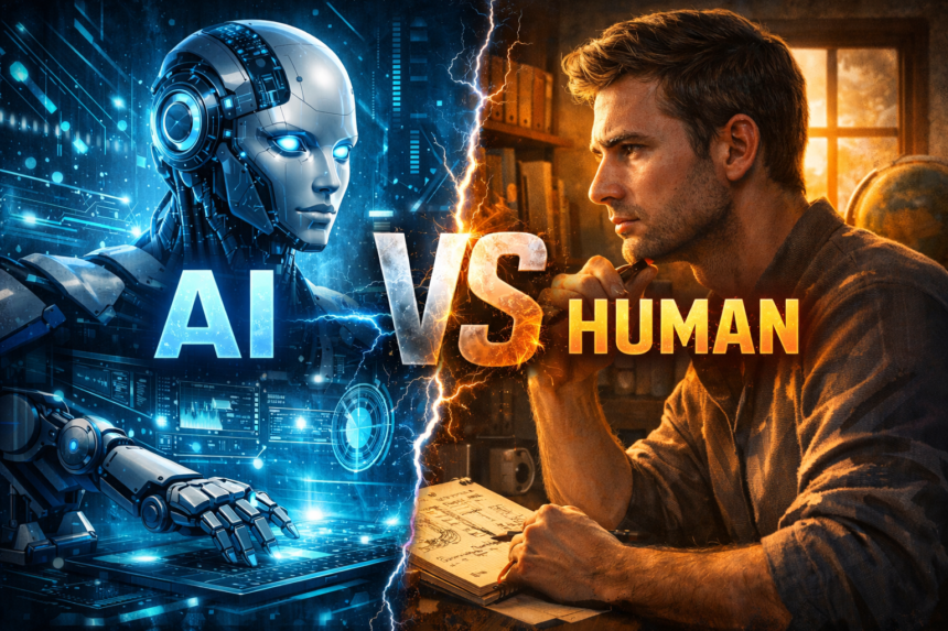 Digital artist mediating the AI vs Humans Battle in a modern studio setting.