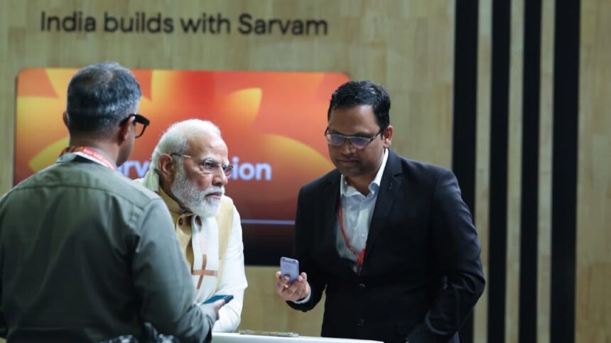 Bharat Mandapam New Delhi hosting India AI Impact Summit 2026 with digital Sutras display.