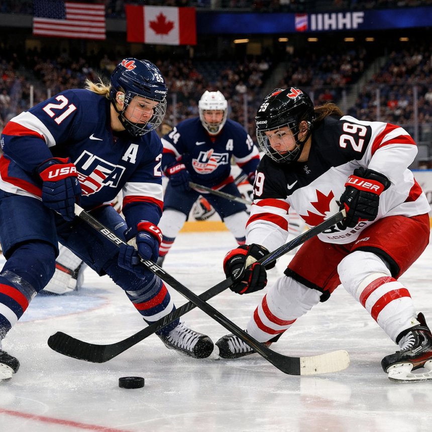 Marie-Philip Poulin celebrates her record-breaking goal during the 2026 Winter Olympics.