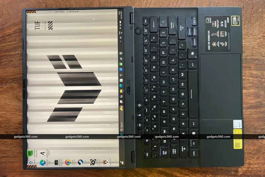 Detailed view of the cooling system and 180-degree hinge on the Asus TUF Gaming A14 2026 ensuring peak thermal efficiency.