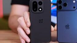 Comparison of OnePlus 15 retail box with charger and iPhone 17 minimalist packaging