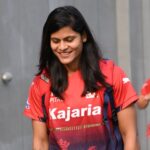 Radha Yadav celebrating a crucial wicket during the Women's Rising Stars Asia Cup semi-final.