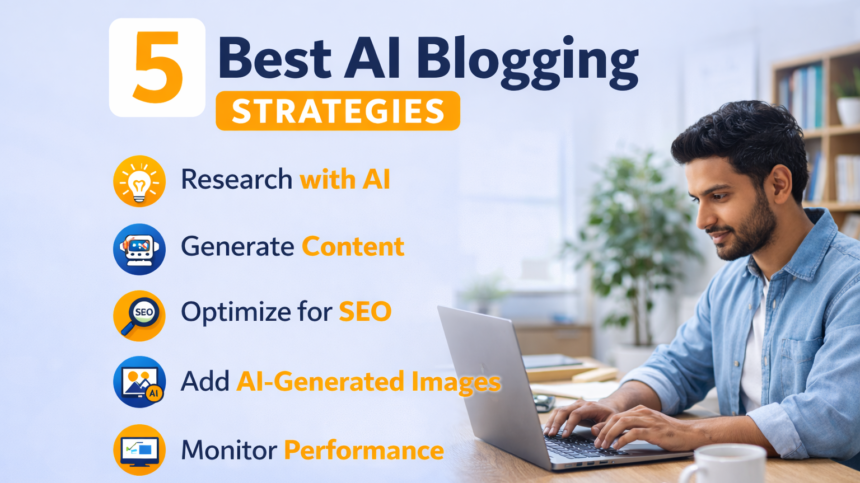 A basic business infographic outlining the 5 Best AI Blogging Strategies for the 2026 search market.