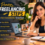 Professional freelancer working on a laptop, demonstrating the 5 Proven Freelancing Steps for 2026.