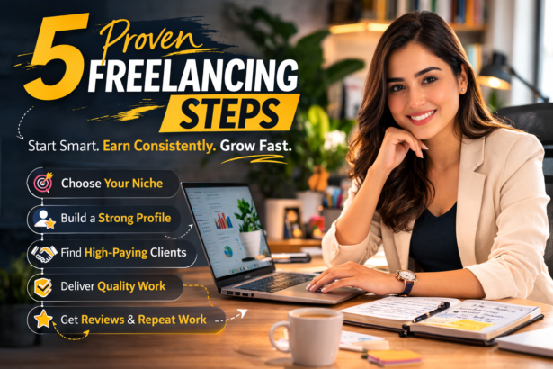 Professional freelancer working on a laptop, demonstrating the 5 Proven Freelancing Steps for 2026.