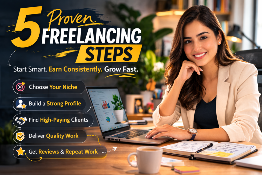 Professional freelancer working on a laptop, demonstrating the 5 Proven Freelancing Steps for 2026.