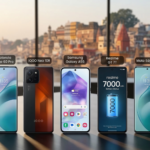 A high-resolution comparison of the 5 Best Mobile Phones Under 30000 for 2026, including models from Samsung, Motorola, and Realme, displayed on a professional desk