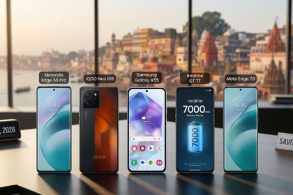 A high-resolution comparison of the 5 Best Mobile Phones Under 30000 for 2026, including models from Samsung, Motorola, and Realme, displayed on a professional desk