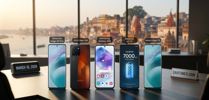 A high-resolution comparison of the 5 Best Mobile Phones Under 30000 for 2026, including models from Samsung, Motorola, and Realme, displayed on a professional desk