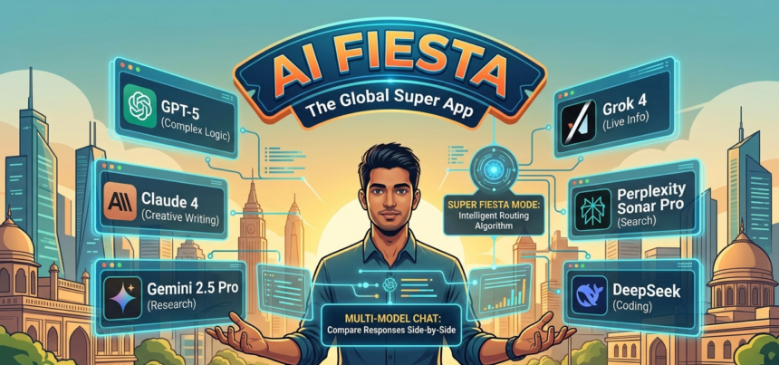 A professional dashboard of AI Fiesta by Dhruv Rathee showing side-by-side responses from GPT-5, Claude 4, and Gemini 3 Pro to demonstrate 10 AI Fiesta Skills for career growth.