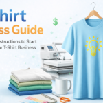 A professional workspace featuring a laptop and custom t-shirt mockups illustrating the T Shirt Business Guide framework.