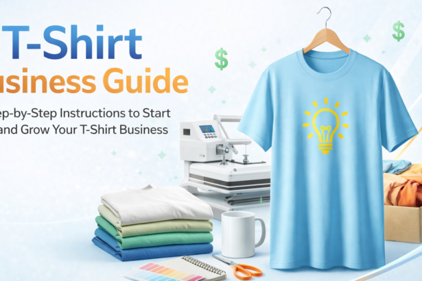 A professional workspace featuring a laptop and custom t-shirt mockups illustrating the T Shirt Business Guide framework.