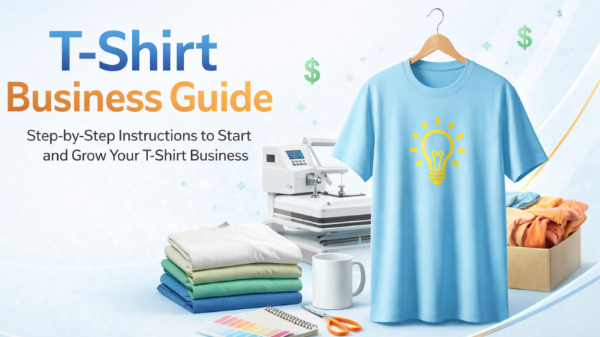 A professional workspace featuring a laptop and custom t-shirt mockups illustrating the T Shirt Business Guide framework.
