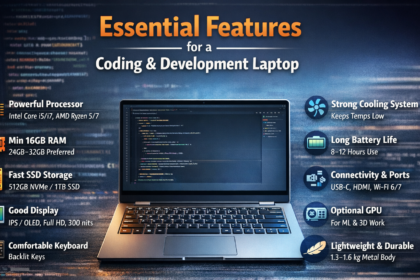 Best Laptop Under 70000 for Coding & Design showing essential features like powerful processor, 16GB RAM, NVMe SSD storage, IPS display, and strong cooling system for developers.