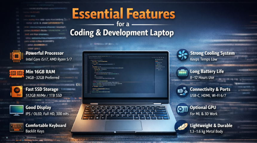 Best Laptop Under 70000 for Coding & Design showing essential features like powerful processor, 16GB RAM, NVMe SSD storage, IPS display, and strong cooling system for developers.