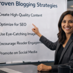 5 Proven Blogging Strategies presentation showing key blogging tips for content creation, SEO optimization, audience engagement, and blog promotion.