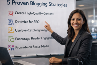 5 Proven Blogging Strategies presentation showing key blogging tips for content creation, SEO optimization, audience engagement, and blog promotion.