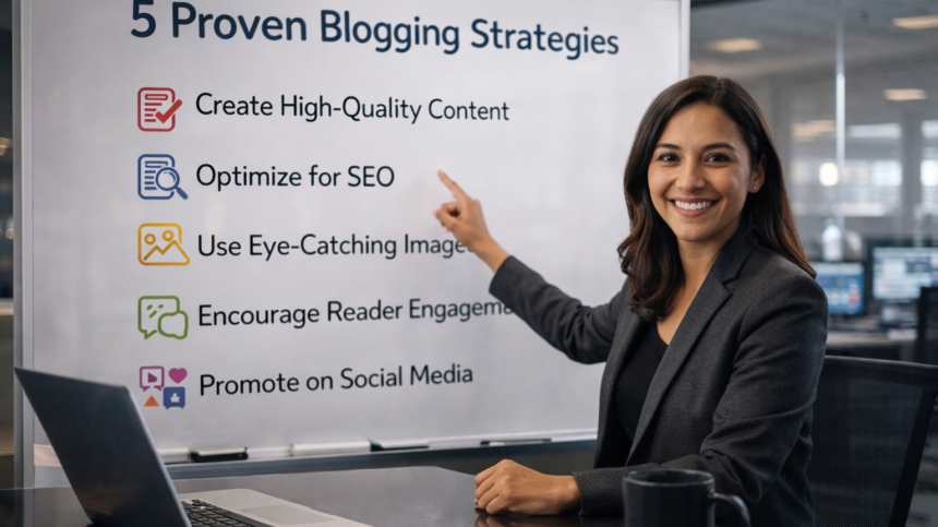 5 Proven Blogging Strategies presentation showing key blogging tips for content creation, SEO optimization, audience engagement, and blog promotion.