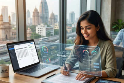 A professional workspace illustrating the 7 Steps to Start Content Writing with AI-human hybrid tools in 2026.