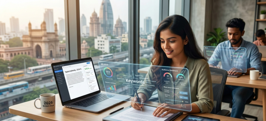 A professional workspace illustrating the 7 Steps to Start Content Writing with AI-human hybrid tools in 2026.