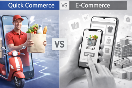 Infographic illustrating the 35% Market Disruption in delivery speeds for Quick Commerce vs E-Commerce.