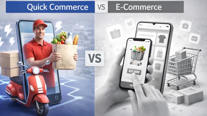Infographic illustrating the 35% Market Disruption in delivery speeds for Quick Commerce vs E-Commerce.