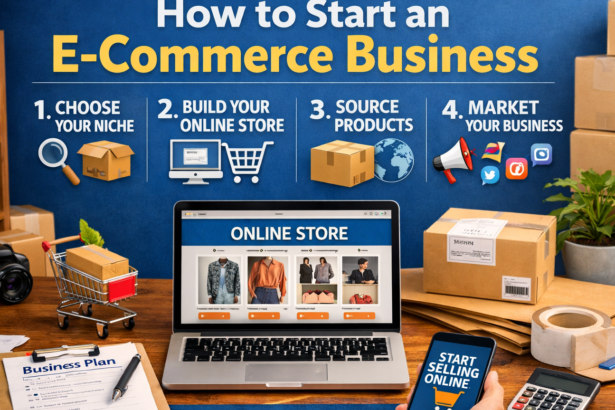 A high-resolution photo of a digital entrepreneur analyzing How to start e-Commerce Business metrics on a tablet.