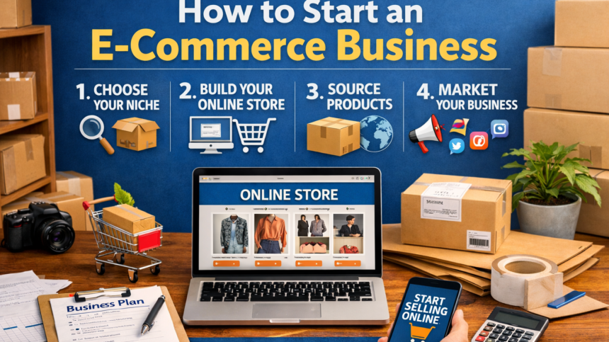 A high-resolution photo of a digital entrepreneur analyzing How to start e-Commerce Business metrics on a tablet.