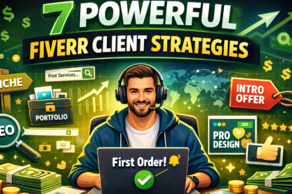 7 Powerful Fiverr Client Strategies guide showing how freelancers can get their first client on Fiverr