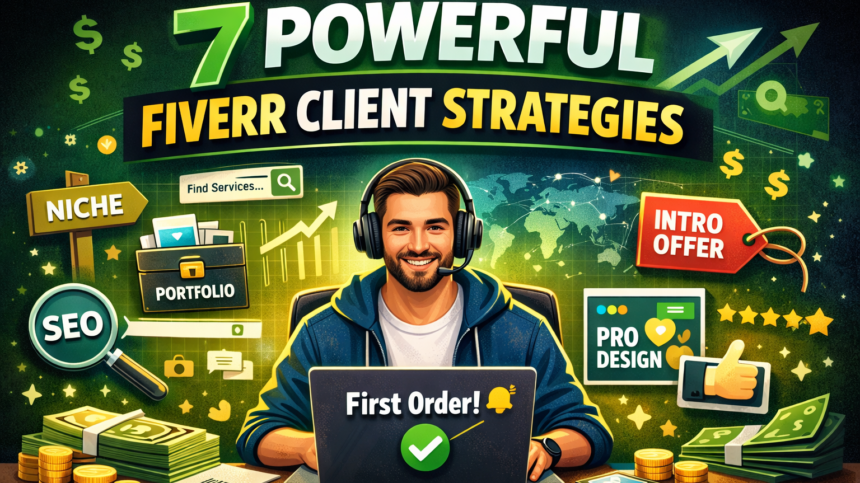 7 Powerful Fiverr Client Strategies guide showing how freelancers can get their first client on Fiverr
