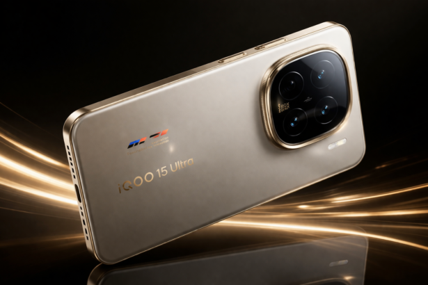 A high-angle shot showcasing the 7 Best iQOO 15 Ultra features including the transparent camera module, active cooling fan, and 2077 Flowing Orange design.