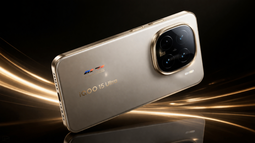 A high-angle shot showcasing the 7 Best iQOO 15 Ultra features including the transparent camera module, active cooling fan, and 2077 Flowing Orange design.