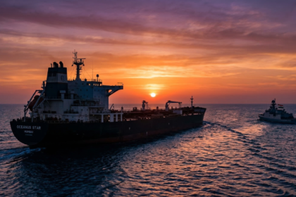 A heavily laden Indian tanker navigating the ocean under the protection of the 30 Day Oil Waiver.