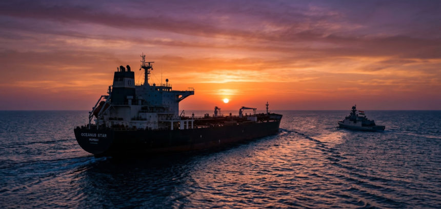 A heavily laden Indian tanker navigating the ocean under the protection of the 30 Day Oil Waiver.