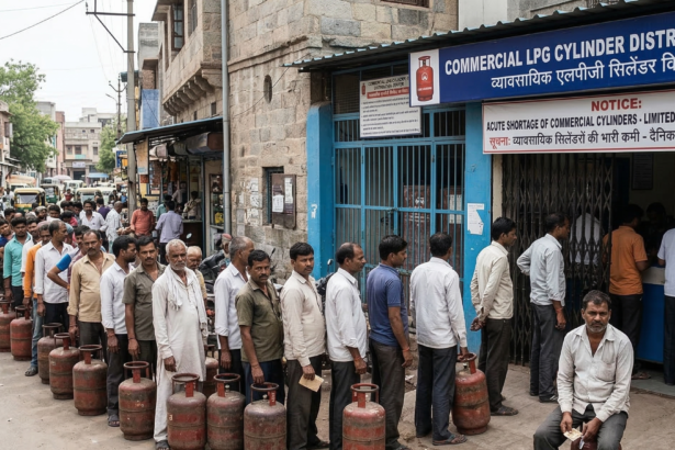 Commercial LPG gas cylinder distribution center in India.
