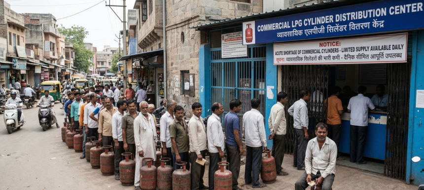 Commercial LPG gas cylinder distribution center in India.