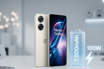 OnePlus 15T flagship smartphone in White Chocolate showing ultra-narrow bezels.