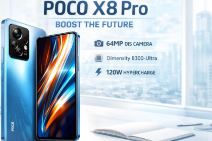 POCO X8 Pro smartphone with modern design and advanced camera showcased in a clean professional studio setup