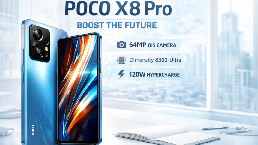 POCO X8 Pro smartphone with modern design and advanced camera showcased in a clean professional studio setup