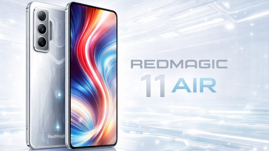 RedMagic 11 Air Quantum Black transparent design with Snapdragon 8 Elite logo and RGB lighting.