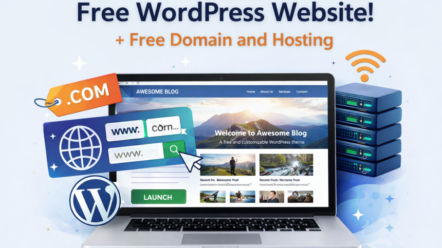 A step-by-step dashboard view of a Free WordPress Website Free Domain and Hosting setup in 2026.