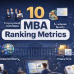 Top 10 MBA Colleges in India comparison chart highlighting 10 MBA Ranking Metrics like placement ROI, faculty expertise, and pedagogical innovation for 2026.