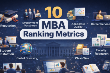 Top 10 MBA Colleges in India comparison chart highlighting 10 MBA Ranking Metrics like placement ROI, faculty expertise, and pedagogical innovation for 2026.
