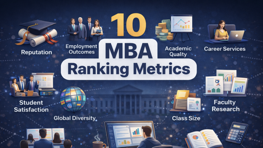Top 10 MBA Colleges in India comparison chart highlighting 10 MBA Ranking Metrics like placement ROI, faculty expertise, and pedagogical innovation for 2026.
