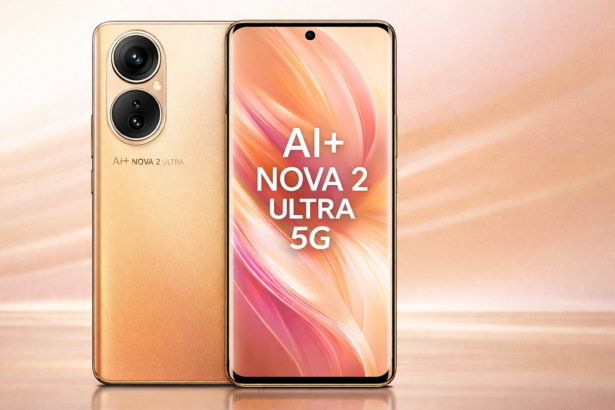 Ai+ Nova 2 Ultra 5G smartphone in Purple and Black showing 1.5K AMOLED display and rear RGB notification light.