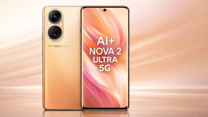 Ai+ Nova 2 Ultra 5G smartphone in Purple and Black showing 1.5K AMOLED display and rear RGB notification light.