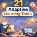 A modern "Phygital" college workspace featuring a laptop on a stand, physical notebooks, and various 21 Adaptive Learning Tools.