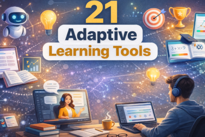 A modern "Phygital" college workspace featuring a laptop on a stand, physical notebooks, and various 21 Adaptive Learning Tools.