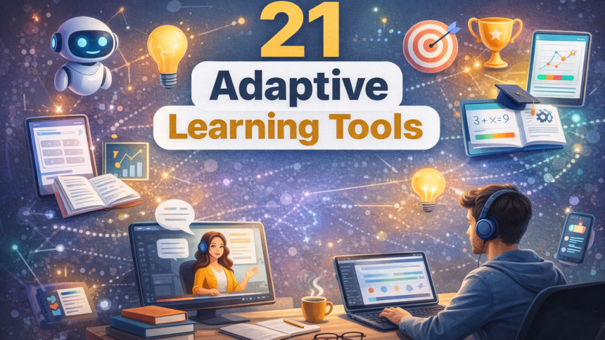 A modern "Phygital" college workspace featuring a laptop on a stand, physical notebooks, and various 21 Adaptive Learning Tools.
